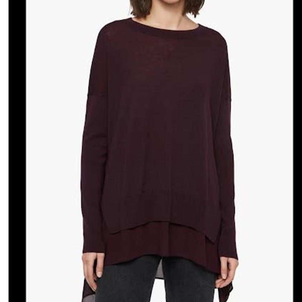 Allsaints Libby Contrast hem crew neck sweater long sleeve burgundy size small